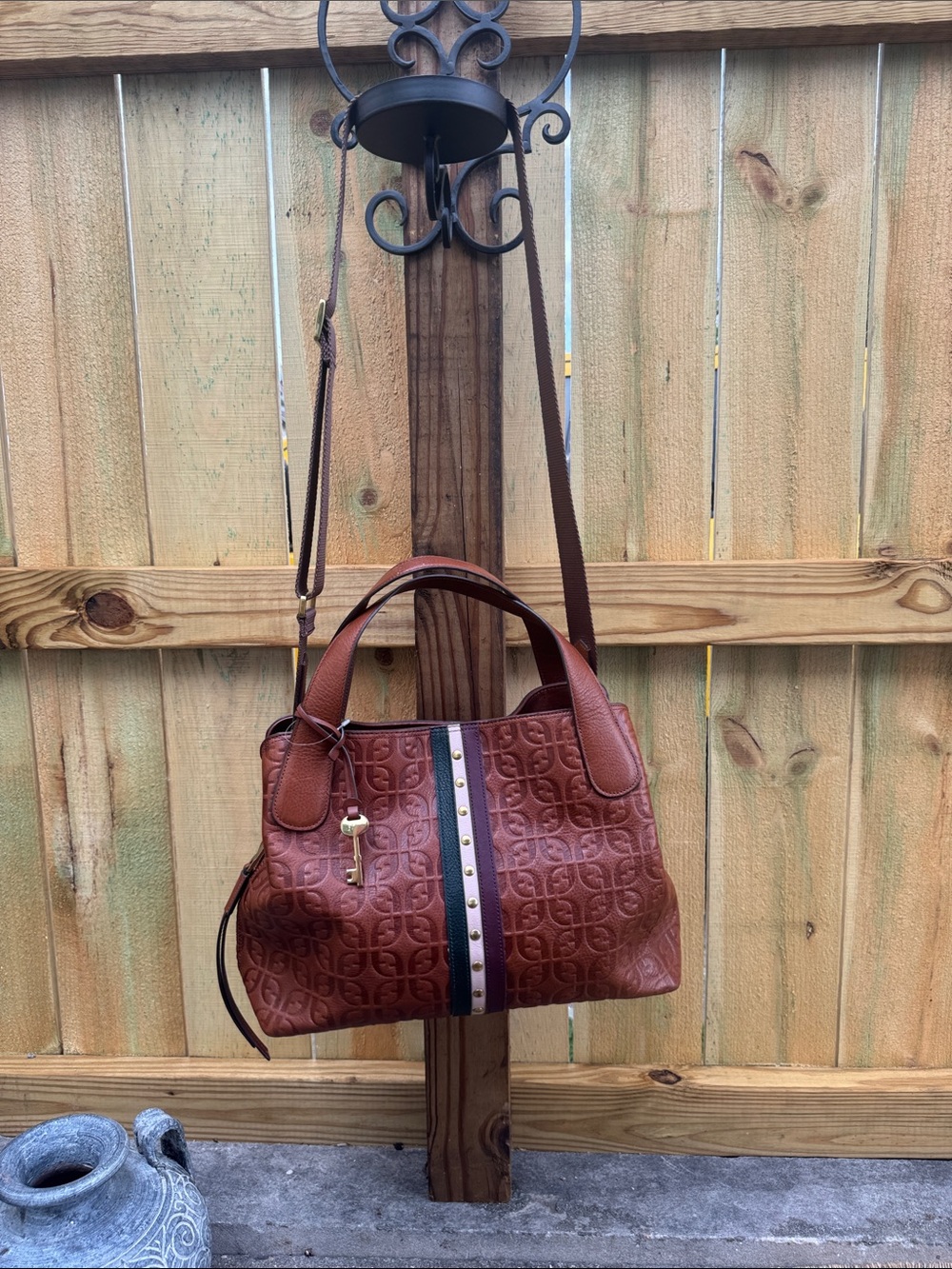 Fossil Cognac Embossed Leather Satchel with Stripe Accent